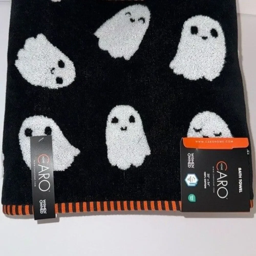 Caro 4 Piece Cotton Bath Towel Set Halloween Black Orange White Raised Ghosts